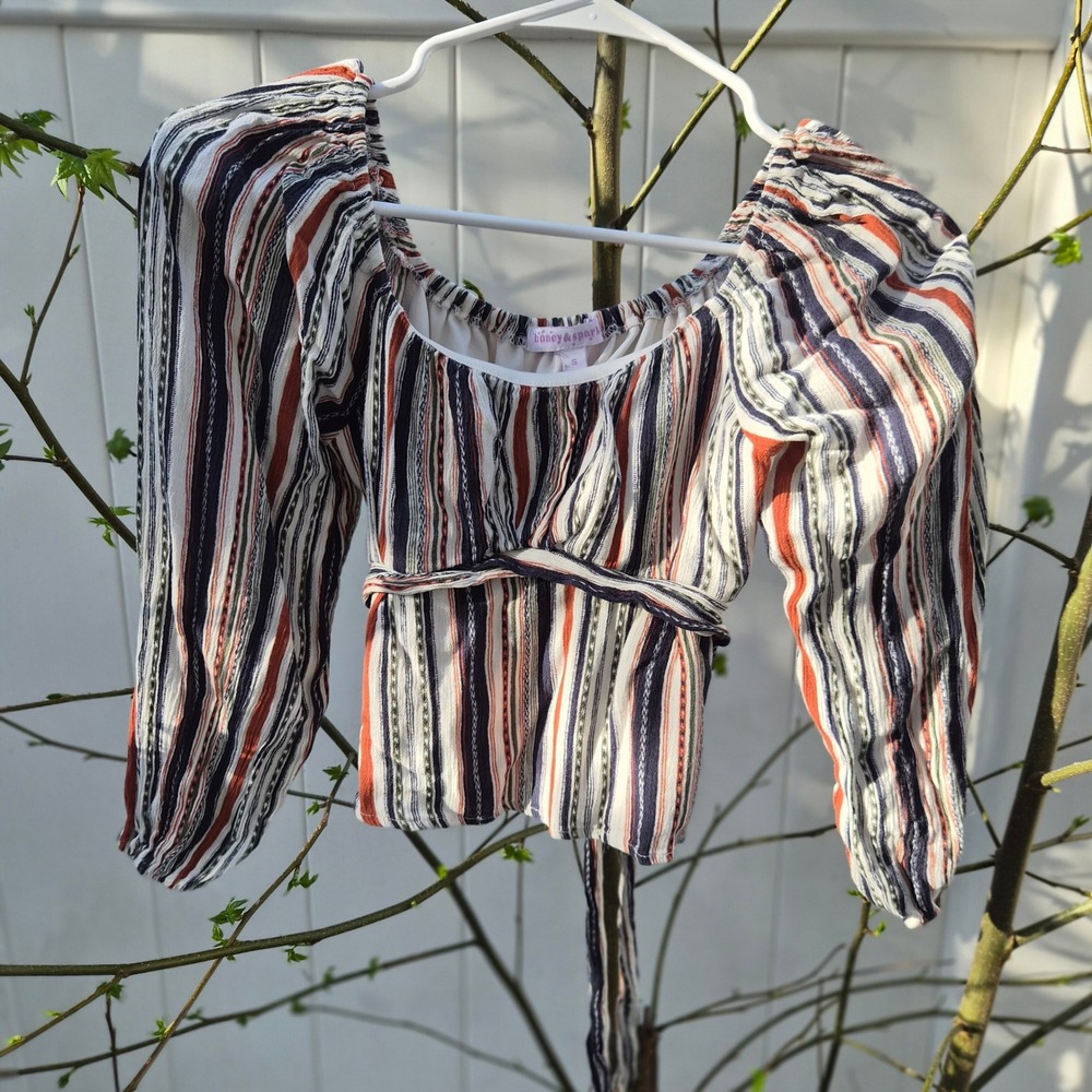 Honey & Spark Womens Striped Long Sleeve Crop Top Tie Waist‎ Boho Orange Navy S